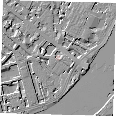 Shaded relief map of the ground around SW1V2HN, computed from Environment Agency LiDAR. The ground here sits at about 4 m above sea level and falls 10 m across the surrounding 800 m. Surface water reaching this point runs off ground lying to the south-west, 0.7 m higher.
