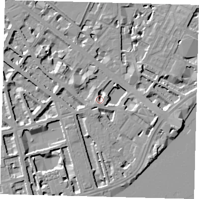 Shaded relief map of the ground around SW1V2JA, computed from Environment Agency LiDAR. The ground here sits at about 3 m above sea level and falls 10 m across the surrounding 800 m. Surface water reaching this point runs off ground lying to the east-south-east, 8.7 m higher.