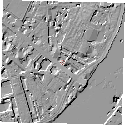 Shaded relief map of the ground around SW1V2JE, computed from Environment Agency LiDAR. The ground here sits at about 4 m above sea level and falls 14 m across the surrounding 800 m. Surface water reaching this point runs off ground lying to the south-east, 4.2 m higher.