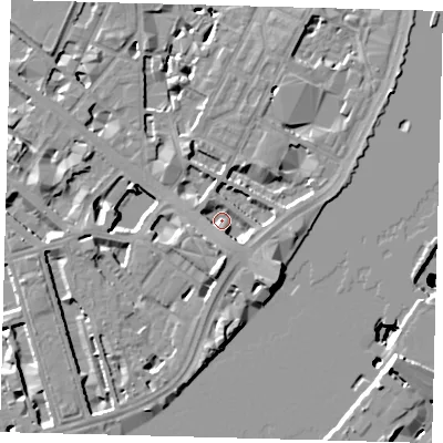 Shaded relief map of the ground around SW1V2JQ, computed from Environment Agency LiDAR. The ground here sits at about 4 m above sea level and falls 47 m across the surrounding 800 m. Surface water reaching this point runs off ground lying to the south-south-east, 4.2 m higher.