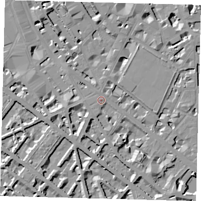 Shaded relief map of the ground around SW1V2JX, computed from Environment Agency LiDAR. The ground here sits at about 4 m above sea level and falls 8 m across the surrounding 800 m. Surface water reaching this point runs off ground lying to the south-south-east, 3.4 m higher.