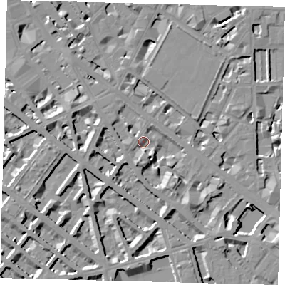 Shaded relief map of the ground around SW1V2LB, computed from Environment Agency LiDAR. The ground here sits at about 4 m above sea level and falls 9 m across the surrounding 800 m. Surface water reaching this point runs off ground lying to the south-east, 6.5 m higher.
