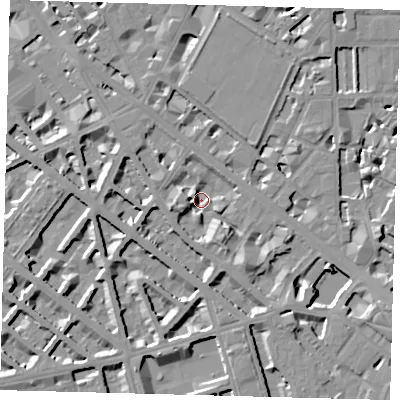 Shaded relief map of the ground around SW1V2LF, computed from Environment Agency LiDAR. The ground here sits at about 2 m above sea level and falls 9 m across the surrounding 800 m. Surface water reaching this point runs off ground lying to the south-east, 6.5 m higher.