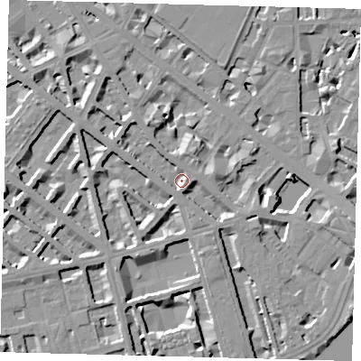 Shaded relief map of the ground around SW1V2PE, computed from Environment Agency LiDAR. The ground here sits at about 4 m above sea level and falls 9 m across the surrounding 800 m. Surface water reaching this point runs off ground lying to the south-south-east, 4.0 m higher.
