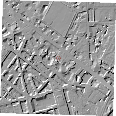 Shaded relief map of the ground around SW1V2PS, computed from Environment Agency LiDAR. The ground here sits at about 4 m above sea level and falls 10 m across the surrounding 800 m. Surface water reaching this point runs off ground lying to the south-south-east, 6.5 m higher.