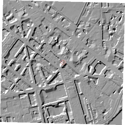 Shaded relief map of the ground around SW1V2PT, computed from Environment Agency LiDAR. The ground here sits at about 5 m above sea level and falls 9 m across the surrounding 800 m. Surface water reaching this point runs off ground lying to the south-south-east, 4.0 m higher.