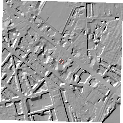 Shaded relief map of the ground around SW1V2PW, computed from Environment Agency LiDAR. The ground here sits at about 3 m above sea level and falls 10 m across the surrounding 800 m. Surface water reaching this point runs off ground lying to the east-south-east, 8.7 m higher.