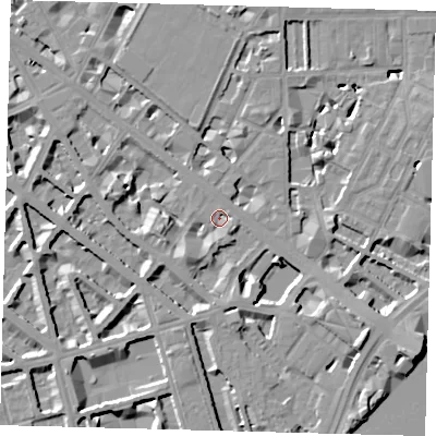 Shaded relief map of the ground around SW1V2PX, computed from Environment Agency LiDAR. The ground here sits at about 3 m above sea level and falls 10 m across the surrounding 800 m. Surface water reaching this point runs off ground lying to the south-west, 5.7 m higher.