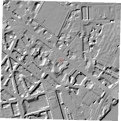 Shaded relief map of the ground around SW1V2PZ, computed from Environment Agency LiDAR. The ground here sits at about 3 m above sea level and falls 10 m across the surrounding 800 m. Surface water reaching this point runs off ground lying to the south-south-west, 5.8 m higher.
