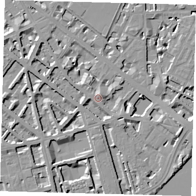 Shaded relief map of the ground around SW1V2QA, computed from Environment Agency LiDAR. The ground here sits at about 6 m above sea level and falls 10 m across the surrounding 800 m. Surface water reaching this point runs off ground lying to the south-south-west, 4.0 m higher.