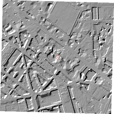 Shaded relief map of the ground around SW1V2QD, computed from Environment Agency LiDAR. The ground here sits at about 4 m above sea level and falls 9 m across the surrounding 800 m. Surface water reaching this point runs off ground lying to the south-east, 6.5 m higher.
