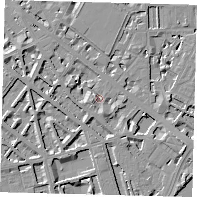 Shaded relief map of the ground around SW1V2QF, computed from Environment Agency LiDAR. The ground here sits at about 4 m above sea level and falls 10 m across the surrounding 800 m. Surface water reaching this point runs off ground lying to the south-south-east, 4.6 m higher.