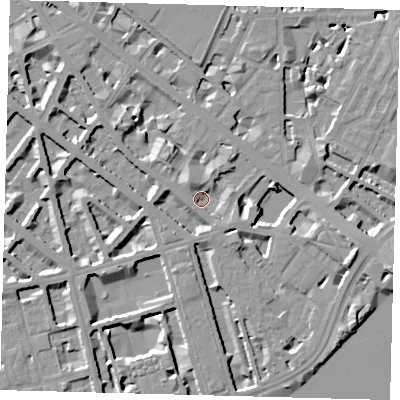 Shaded relief map of the ground around SW1V2QP, computed from Environment Agency LiDAR. The ground here sits at about 4 m above sea level and falls 10 m across the surrounding 800 m. Surface water reaching this point runs off ground lying to the east-south-east, 8.7 m higher.