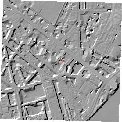 Shaded relief map of the ground around SW1V2QR, computed from Environment Agency LiDAR. The ground here sits at about 3 m above sea level and falls 10 m across the surrounding 800 m. Surface water reaching this point runs off ground lying to the east-south-east, 8.7 m higher.