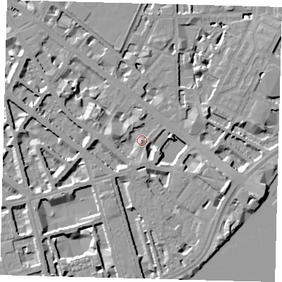 Shaded relief map of the ground around SW1V2QS, computed from Environment Agency LiDAR. The ground here sits at about 4 m above sea level and falls 10 m across the surrounding 800 m. Surface water reaching this point runs off ground lying to the east-south-east, 8.7 m higher.