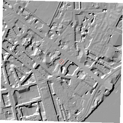 Shaded relief map of the ground around SW1V2QT, computed from Environment Agency LiDAR. The ground here sits at about 3 m above sea level and falls 10 m across the surrounding 800 m. Surface water reaching this point runs off ground lying to the south-east, 8.7 m higher.