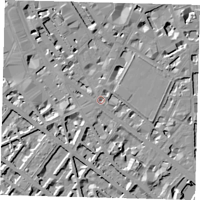 Shaded relief map of the ground around SW1V2RA, computed from Environment Agency LiDAR. The ground here sits at about 3 m above sea level and falls 8 m across the surrounding 800 m. Surface water reaching this point runs off ground lying to the south-south-west, 1.6 m higher.