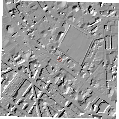 Shaded relief map of the ground around SW1V2RF, computed from Environment Agency LiDAR. The ground here sits at about 2 m above sea level and falls 9 m across the surrounding 800 m. Surface water reaching this point runs off ground lying to the south-south-east, 6.5 m higher.
