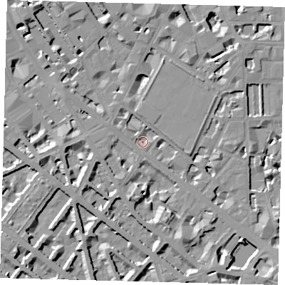 Shaded relief map of the ground around SW1V2RG, computed from Environment Agency LiDAR. The ground here sits at about 3 m above sea level and falls 9 m across the surrounding 800 m. Surface water reaching this point runs off ground lying to the south-south-east, 6.5 m higher.