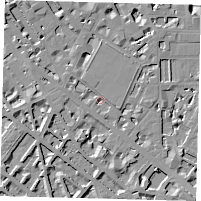 Shaded relief map of the ground around SW1V2RH, computed from Environment Agency LiDAR. The ground here sits at about 2 m above sea level and falls 9 m across the surrounding 800 m. Surface water reaching this point runs off ground lying to the south, 6.7 m higher.