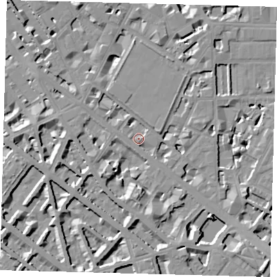 Shaded relief map of the ground around SW1V2RJ, computed from Environment Agency LiDAR. The ground here sits at about 3 m above sea level and falls 10 m across the surrounding 800 m. Surface water reaching this point runs off ground lying to the south, 6.5 m higher.