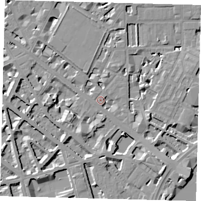 Shaded relief map of the ground around SW1V2RP, computed from Environment Agency LiDAR. The ground here sits at about 4 m above sea level and falls 10 m across the surrounding 800 m. Surface water reaching this point runs off ground lying to the south-south-west, 5.8 m higher.