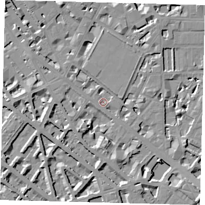 Shaded relief map of the ground around SW1V2RQ, computed from Environment Agency LiDAR. The ground here sits at about 3 m above sea level and falls 10 m across the surrounding 800 m. Surface water reaching this point runs off ground lying to the south-south-east, 6.5 m higher.