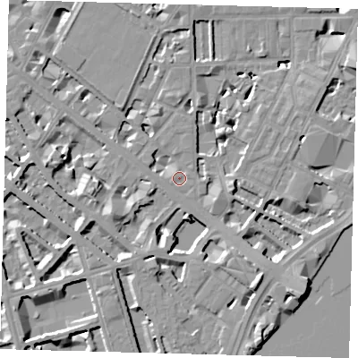 Shaded relief map of the ground around SW1V2RT, computed from Environment Agency LiDAR. The ground here sits at about 4 m above sea level and falls 10 m across the surrounding 800 m. Surface water reaching this point runs off ground lying to the west-south-west, 6.5 m higher.