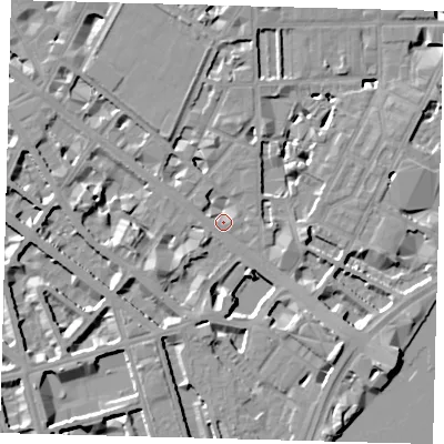 Shaded relief map of the ground around SW1V2RU, computed from Environment Agency LiDAR. The ground here sits at about 3 m above sea level and falls 10 m across the surrounding 800 m. Surface water reaching this point runs off ground lying to the south-west, 4.1 m higher.