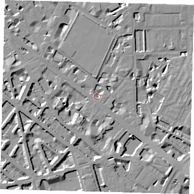 Shaded relief map of the ground around SW1V2RW, computed from Environment Agency LiDAR. The ground here sits at about 3 m above sea level and falls 10 m across the surrounding 800 m. Surface water reaching this point runs off ground lying to the south, 6.5 m higher.