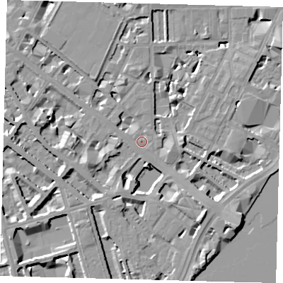Shaded relief map of the ground around SW1V2RX, computed from Environment Agency LiDAR. The ground here sits at about 4 m above sea level and falls 10 m across the surrounding 800 m. Surface water reaching this point runs off ground lying to the south-east, 8.7 m higher.