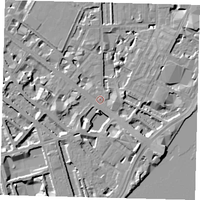 Shaded relief map of the ground around SW1V2RY, computed from Environment Agency LiDAR. The ground here sits at about 4 m above sea level and falls 10 m across the surrounding 800 m. Surface water reaching this point runs off ground lying to the east-south-east, 3.0 m higher.
