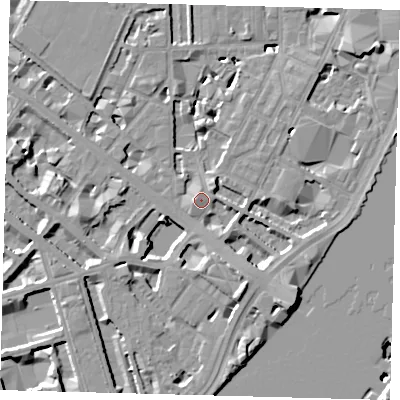 Shaded relief map of the ground around SW1V2SA, computed from Environment Agency LiDAR. The ground here sits at about 5 m above sea level and falls 11 m across the surrounding 800 m. Surface water reaching this point runs off ground lying to the west-north-west, 1.0 m higher.