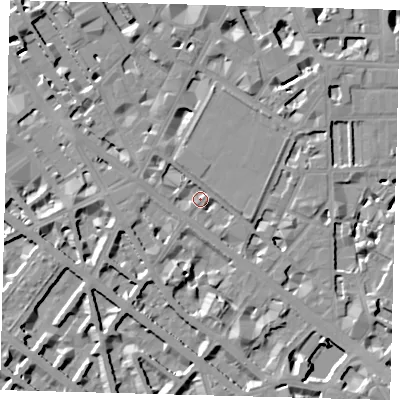 Shaded relief map of the ground around SW1V2SB, computed from Environment Agency LiDAR. The ground here sits at about 3 m above sea level and falls 9 m across the surrounding 800 m. Surface water reaching this point runs off ground lying to the south-south-east, 6.7 m higher.
