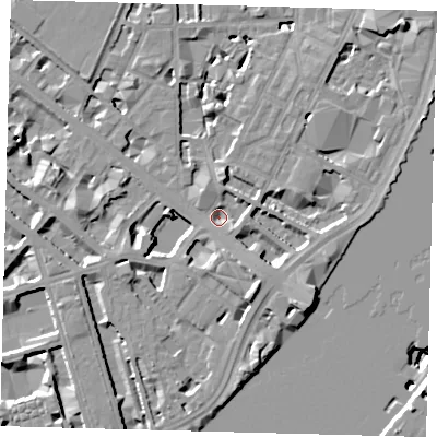 Shaded relief map of the ground around SW1V2SD, computed from Environment Agency LiDAR. The ground here sits at about 2 m above sea level and falls 14 m across the surrounding 800 m. Surface water reaching this point runs off ground lying to the east-north-east, 3.0 m higher.