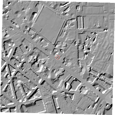 Shaded relief map of the ground around SW1V2SE, computed from Environment Agency LiDAR. The ground here sits at about 4 m above sea level and falls 10 m across the surrounding 800 m. Surface water reaching this point runs off ground lying to the south-south-west, 6.5 m higher.