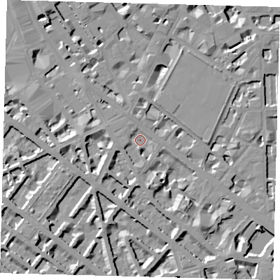 Shaded relief map of the ground around SW1V2SP, computed from Environment Agency LiDAR. The ground here sits at about 3 m above sea level and falls 8 m across the surrounding 800 m. Surface water reaching this point runs off ground lying to the south, 3.4 m higher.
