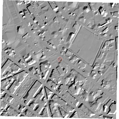 Shaded relief map of the ground around SW1V2ST, computed from Environment Agency LiDAR. The ground here sits at about 4 m above sea level and falls 8 m across the surrounding 800 m. Surface water reaching this point runs off ground lying to the south-south-east, 3.4 m higher.