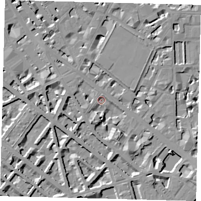 Shaded relief map of the ground around SW1V2SU, computed from Environment Agency LiDAR. The ground here sits at about 3 m above sea level and falls 9 m across the surrounding 800 m. Surface water reaching this point runs off ground lying to the south-south-east, 6.5 m higher.