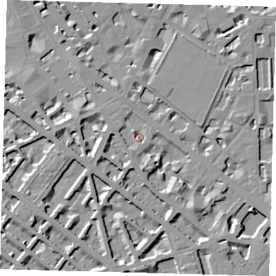 Shaded relief map of the ground around SW1V2SW, computed from Environment Agency LiDAR. The ground here sits at about 4 m above sea level and falls 8 m across the surrounding 800 m. Surface water reaching this point runs off ground lying to the north-west, 3.3 m higher.