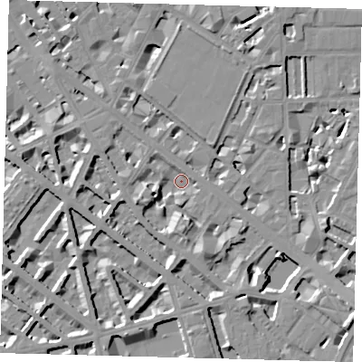 Shaded relief map of the ground around SW1V2SY, computed from Environment Agency LiDAR. The ground here sits at about 2 m above sea level and falls 10 m across the surrounding 800 m. Surface water reaching this point runs off ground lying to the south-south-east, 6.5 m higher.