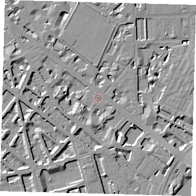 Shaded relief map of the ground around SW1V2TA, computed from Environment Agency LiDAR. The ground here sits at about 4 m above sea level and falls 10 m across the surrounding 800 m. Surface water reaching this point runs off ground lying to the south-south-west, 5.8 m higher.
