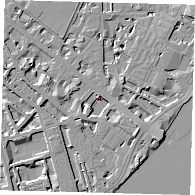 Shaded relief map of the ground around SW1V2TB, computed from Environment Agency LiDAR. The ground here sits at about 4 m above sea level and falls 10 m across the surrounding 800 m. Surface water reaching this point runs off ground lying to the south-east, 8.7 m higher.