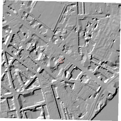 Shaded relief map of the ground around SW1V2TG, computed from Environment Agency LiDAR. The ground here sits at about 4 m above sea level and falls 10 m across the surrounding 800 m. Surface water reaching this point runs off ground lying to the south-east, 8.7 m higher.