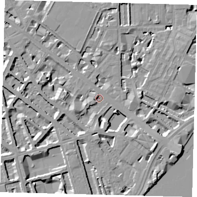 Shaded relief map of the ground around SW1V2TH, computed from Environment Agency LiDAR. The ground here sits at about 3 m above sea level and falls 10 m across the surrounding 800 m. Surface water reaching this point runs off ground lying to the south-east, 8.7 m higher.