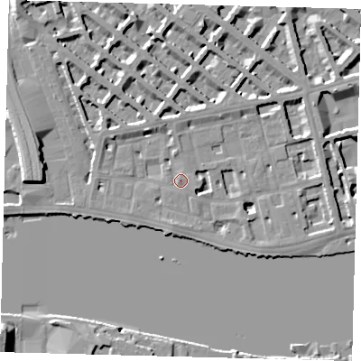 Shaded relief map of the ground around SW1V3AA, computed from Environment Agency LiDAR. The ground here sits at about 5 m above sea level and falls 10 m across the surrounding 800 m. Surface water reaching this point runs off ground lying to the north-north-west, 3.9 m higher.