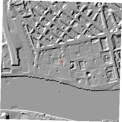 Shaded relief map of the ground around SW1V3AB, computed from Environment Agency LiDAR. The ground here sits at about 5 m above sea level and falls 10 m across the surrounding 800 m. Surface water reaching this point runs off ground lying to the north-north-west, 3.9 m higher.
