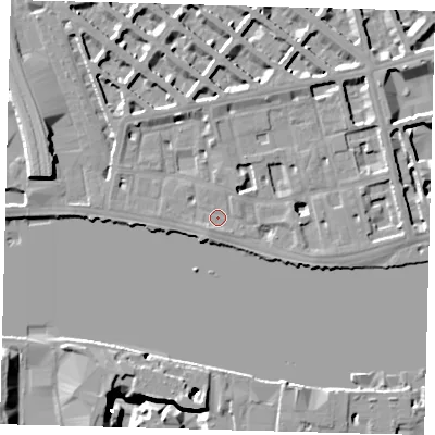 Shaded relief map of the ground around SW1V3AE, computed from Environment Agency LiDAR. The ground here sits at about 5 m above sea level and falls 16 m across the surrounding 800 m. Surface water reaching this point runs off ground lying to the south-west, 2.8 m higher.