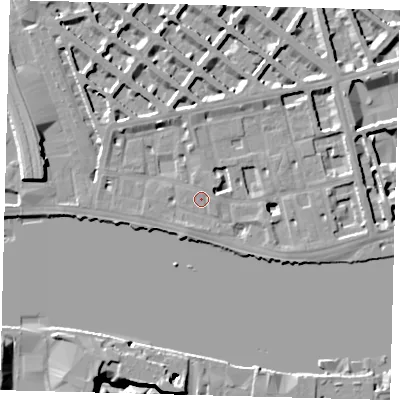 Shaded relief map of the ground around SW1V3AF, computed from Environment Agency LiDAR. The ground here sits at about 5 m above sea level and falls 16 m across the surrounding 800 m. Surface water reaching this point runs off ground lying to the north-north-west, 3.9 m higher.
