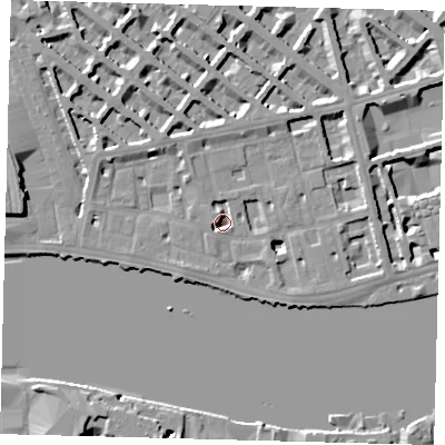 Shaded relief map of the ground around SW1V3AG, computed from Environment Agency LiDAR. The ground here sits at about 3 m above sea level and falls 16 m across the surrounding 800 m. Surface water reaching this point runs off ground lying to the north-west, 4.1 m higher.